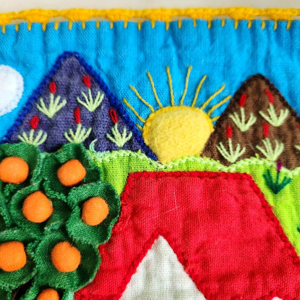 Peruvian Folk Art Tapestry Embroidered Orange Tree Wall Hanging Landscape - Picture 6 of 7